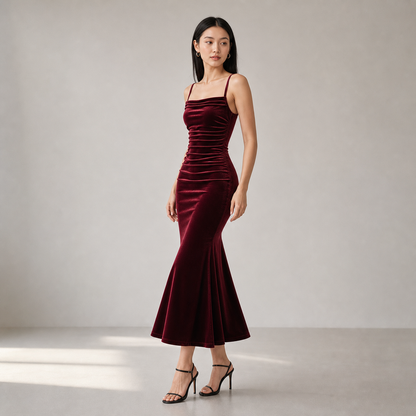 Party Dress for Women Ruched Spaghetti Strap Burgundy Midi Dress for Birthday Dinner Events