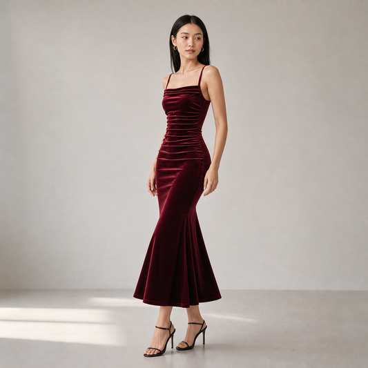 Party Dress for Women Ruched Spaghetti Strap Burgundy Midi Dress for Birthday Dinner Events