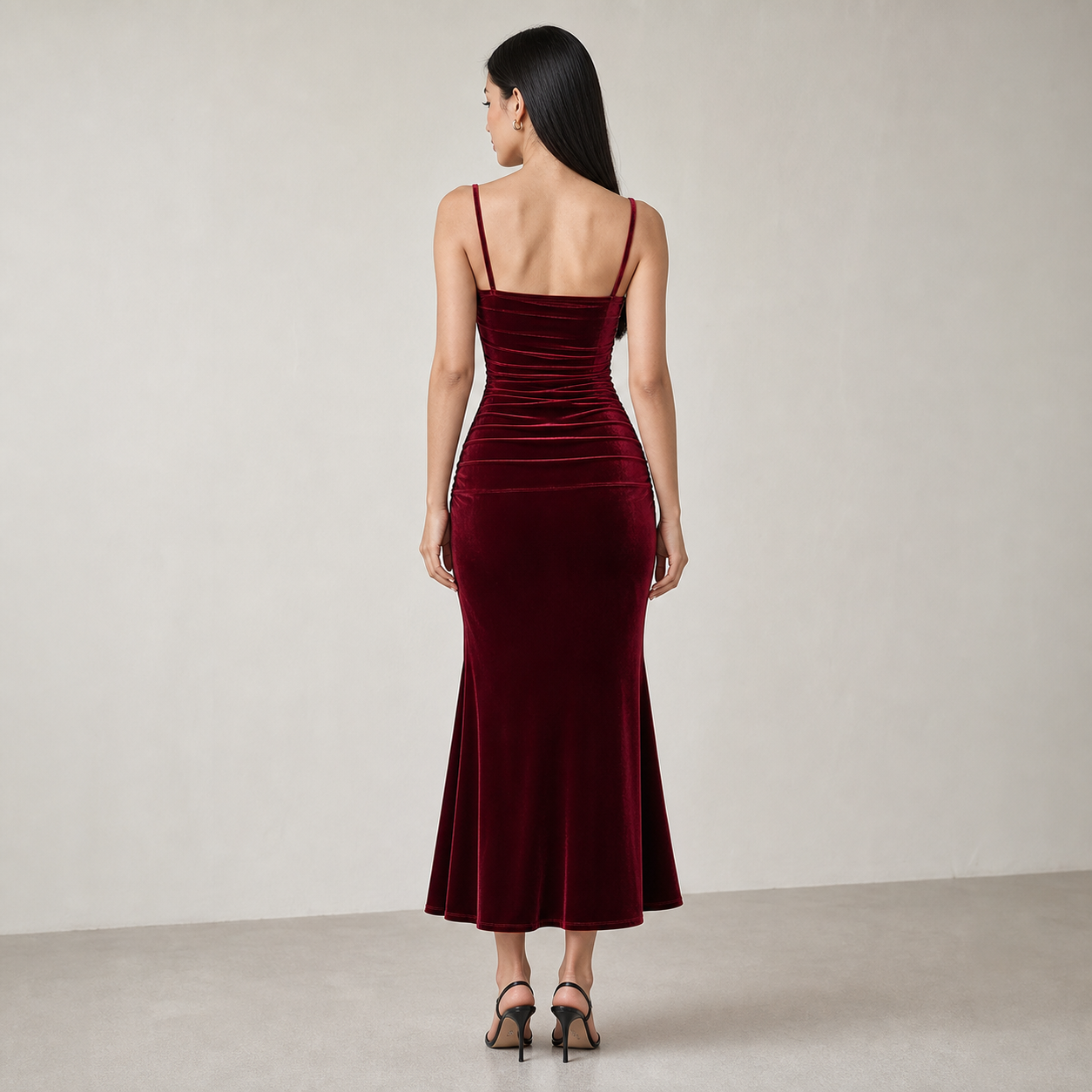 Party Dress for Women Ruched Spaghetti Strap Burgundy Midi Dress for Birthday Dinner Events
