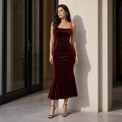 Party Dress for Women Ruched Spaghetti Strap Burgundy Midi Dress for Birthday Dinner Events
