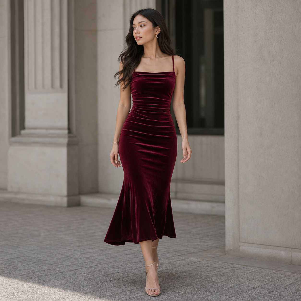 Party Dress for Women Ruched Spaghetti Strap Burgundy Midi Dress for Birthday Dinner Events