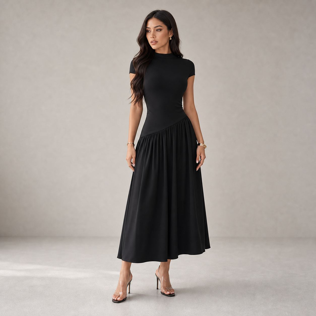 Midi Dress for Women Puff Sleeve Pleated Long Dress for Day Events Smart Casual Summer