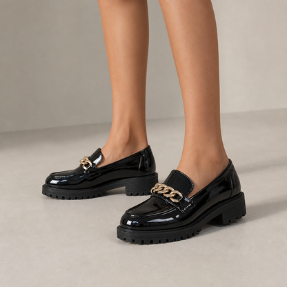 Penny Loafers for Women Chain Detail Slip On Office Shoes for Smart Casual Workwear