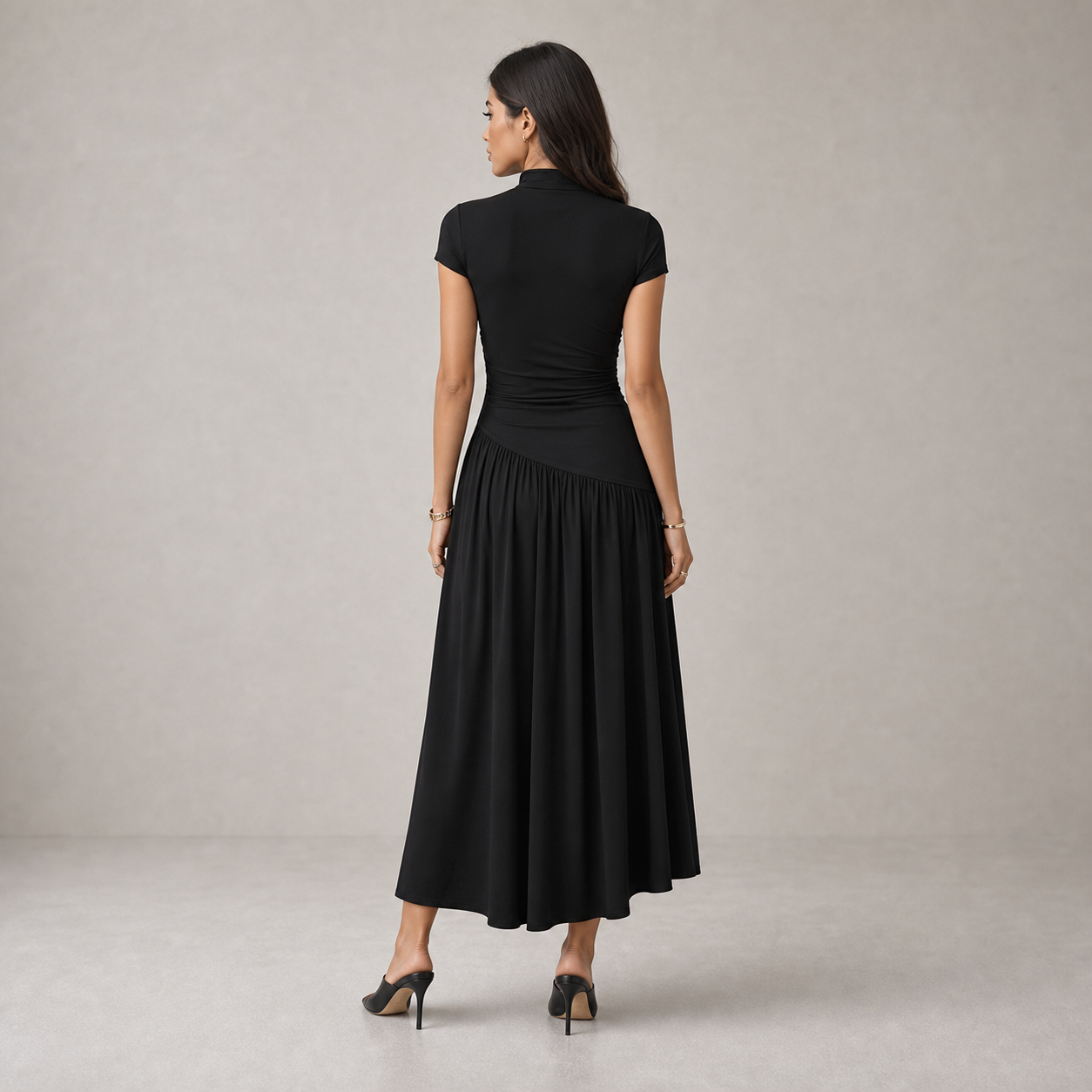 Midi Dress for Women Puff Sleeve Pleated Long Dress for Day Events Smart Casual Summer