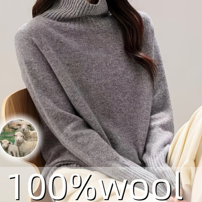 100% Wool Seamless High Neck Sweater - Loose Fit Sleeve Pullover with Micro-Stretch, Solid Color Top for Autumn Winter, Middle Eastern-Inspired Casual Chic Style