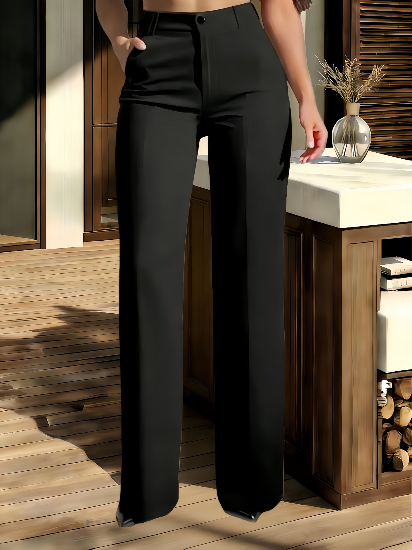 Elegant Women's Trousers - Solid Color High-Waisted Dress Pants - Casual Vacation Daily Office Wear Straight-Leg Pants with Elastic Waistband and Pockets - Durable Fabric - New Autumn Women's Clothing