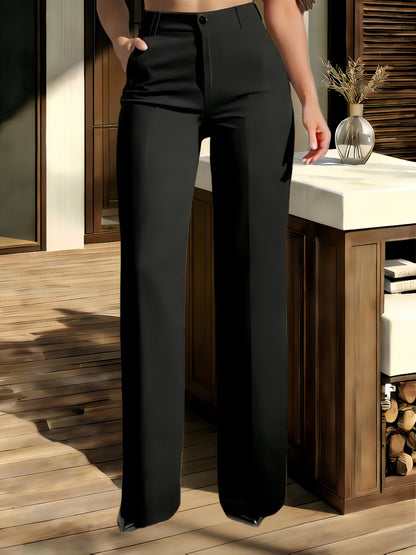 Elegant Women's Trousers - Solid Color High-Waisted Dress Pants - Casual Vacation Daily Office Wear Straight-Leg Pants with Elastic Waistband and Pockets - Durable Fabric - New Autumn Women's Clothing