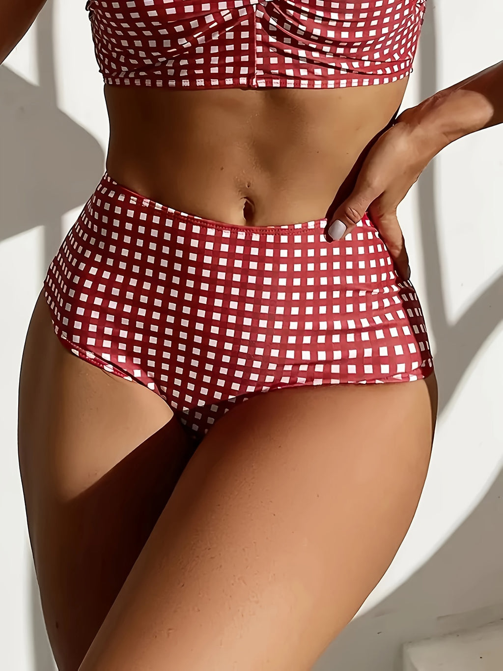 2024 New Bikini Swimsuit Women'S European And American Sexy Red Plaid Split High-Waisted Bikini