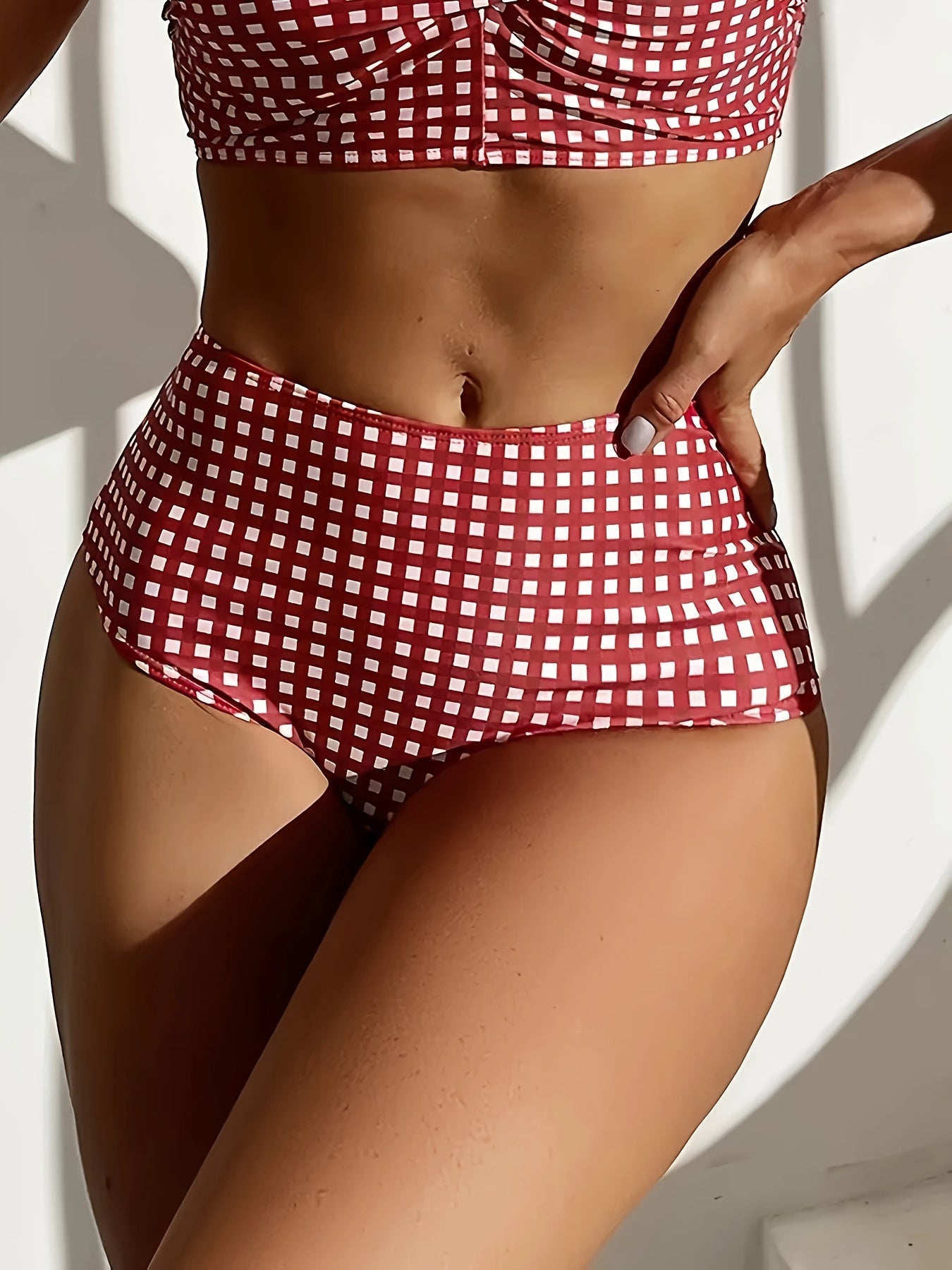2024 New Bikini Swimsuit Women'S European And American Sexy Red Plaid Split High-Waisted Bikini