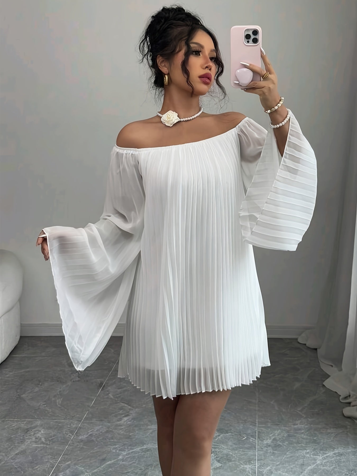 Women'S Elegant Off-Shoulder Ruched Long Sleeve Chiffon Dress