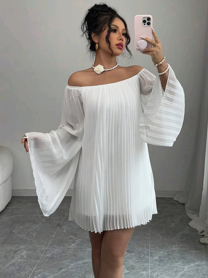 Women'S Elegant Off-Shoulder Ruched Long Sleeve Chiffon Dress