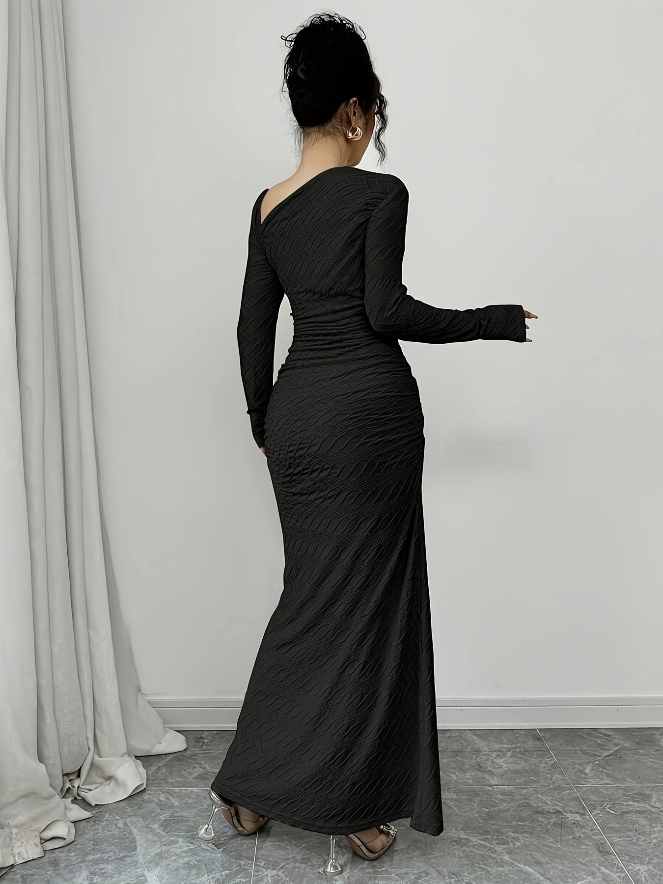 Ladies Elegant Fashion Office Commute Ladies Charm Long Sleeve Asymmetrical Neckline Pleated Slim Fit Bodysuit Collar Solid Color Textured Long Dress [Hw915]Directed