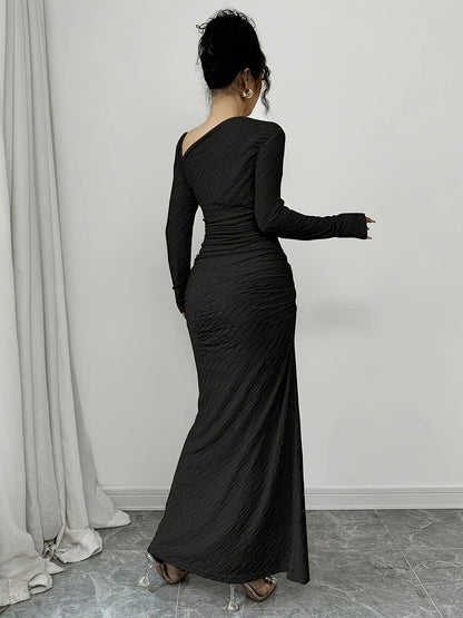 Ladies Elegant Fashion Office Commute Ladies Charm Long Sleeve Asymmetrical Neckline Pleated Slim Fit Bodysuit Collar Solid Color Textured Long Dress [Hw915]Directed