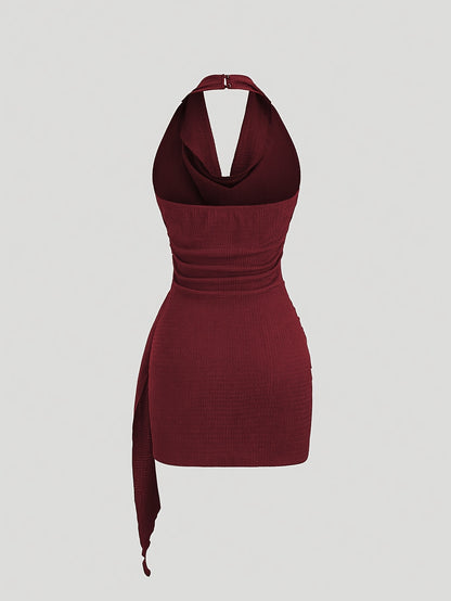 Party Dress for Women Draped Neckline Asymmetric Ruffle Dress with Metal Buckle