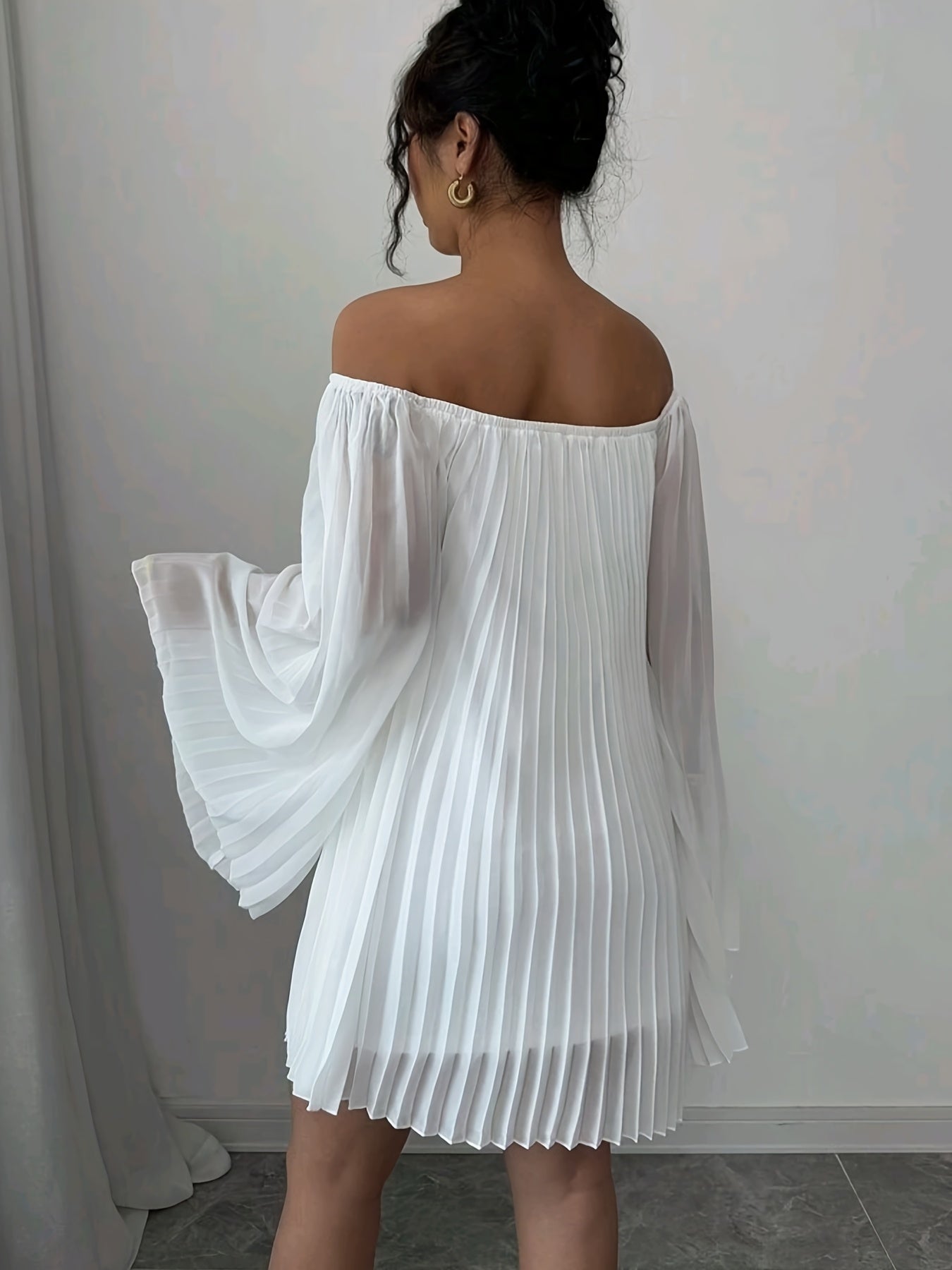 Women'S Elegant Off-Shoulder Ruched Long Sleeve Chiffon Dress