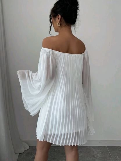 Women'S Elegant Off-Shoulder Ruched Long Sleeve Chiffon Dress