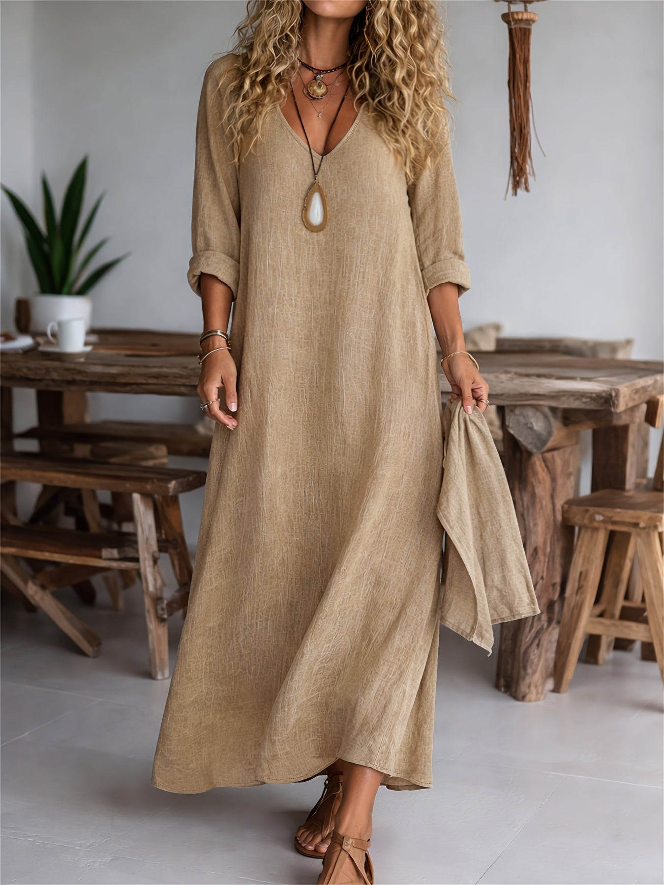Casual Long Sleeve Dress for Women – V-Neck, Loose Fit and Solid Colour