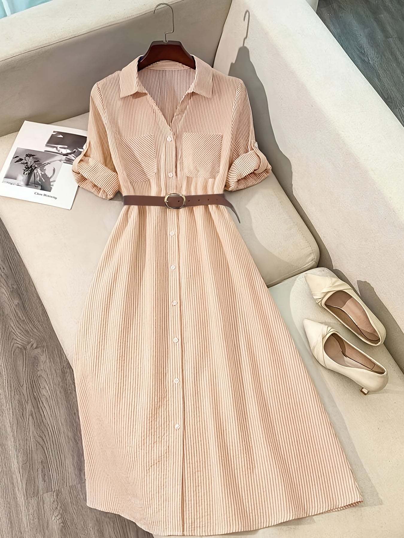 [Elegant Shirt Dress] Elegant Casual Women's Long Shirt Dress | Striped Long-Sleeve Single-Breasted Button Pocket with Belt