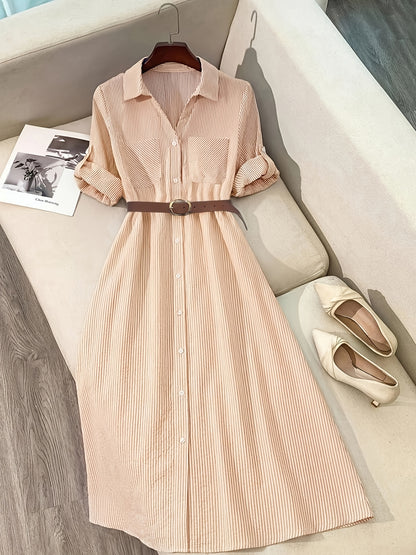 [Elegant Shirt Dress] Elegant Casual Women's Long Shirt Dress | Striped Long-Sleeve Single-Breasted Button Pocket with Belt