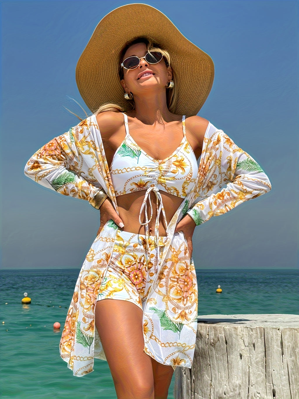 Women's Bikini Three-Piece Swimsuit with Boxer Shorts, New Split Cover-Up, Bowknot Fashion Beachwear