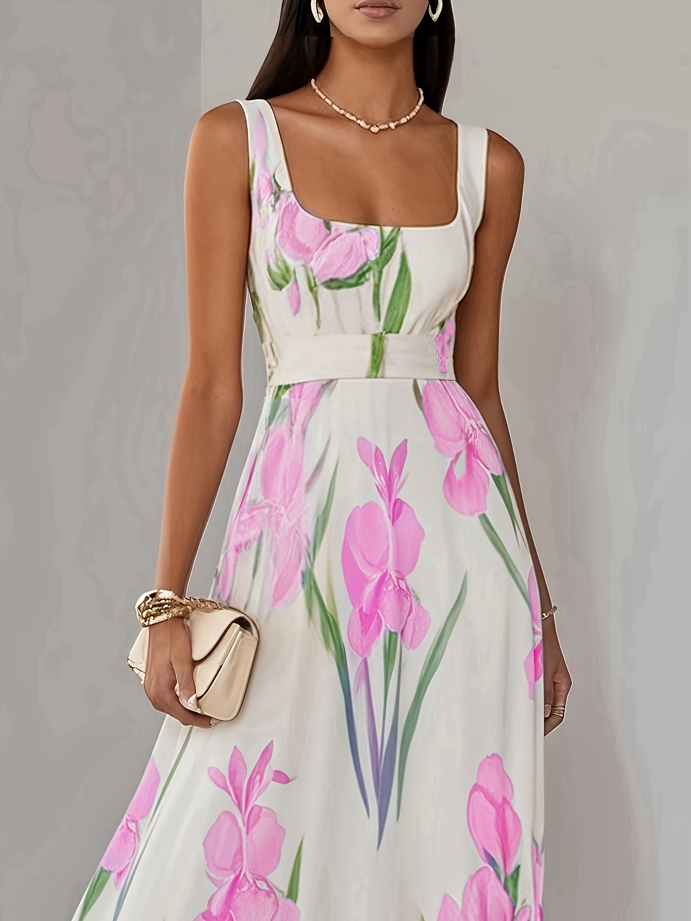 Elegant Women's Floral Print Square Neck A-Line Loose Fit Midi Dress, Suitable for Outings in Spring and Summer, Exquisite