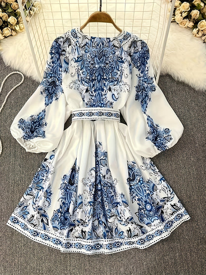 Women's Vintage Palace-Inspired Floral Print A-Line Dress with Lantern Sleeves & Adjustable Waist Tie - V-Neck Long Sleeve Loose Fit Maxi Dress for Spring/Fall, Machine Washable, Cute Dresses