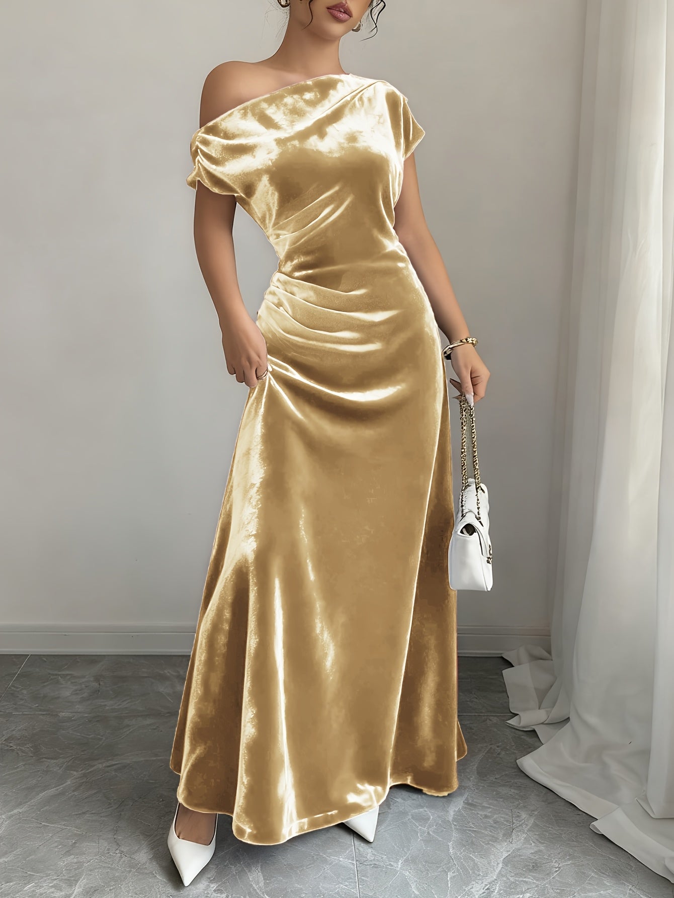Velvet Dress for Women Off Shoulder Floor Length Evening Dress for Party Banquet Events