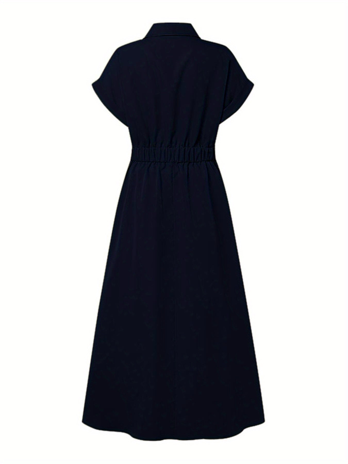 Women'S OL Style Solid Color Lapel Short Sleeve Front Buttons Up Waist Swing Street Style Easy All-Match Lightweight Casual Shirt Dress