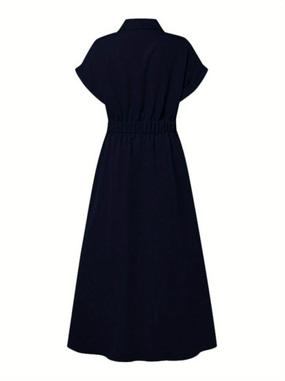 Women'S OL Style Solid Color Lapel Short Sleeve Front Buttons Up Waist Swing Street Style Easy All-Match Lightweight Casual Shirt Dress