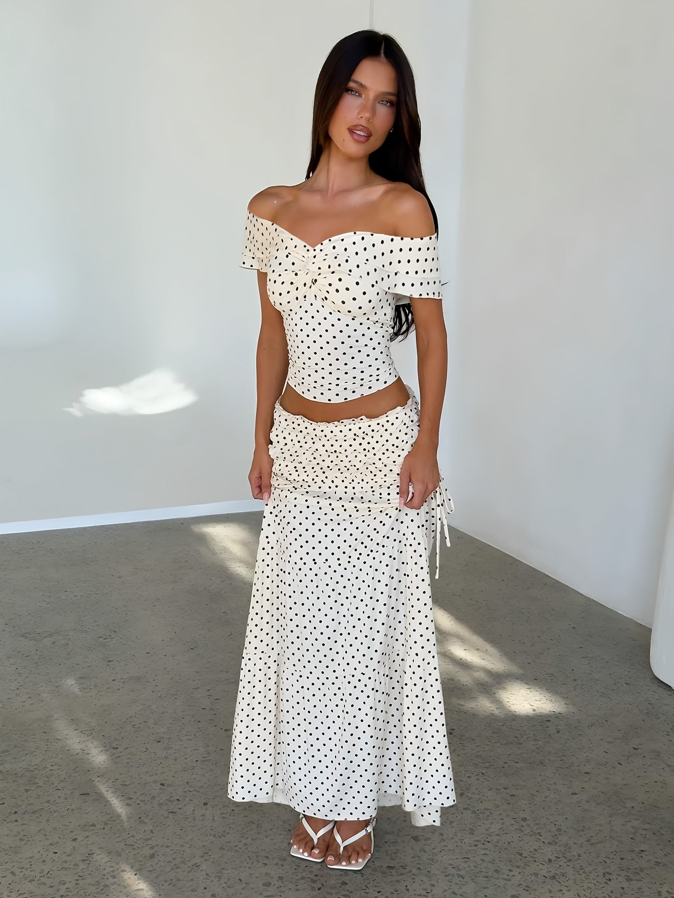 Summer Women'S Skirt Set Polka Dot Off-Shoulder Top High-Waist Fishtail Skirt Two-Piece Set