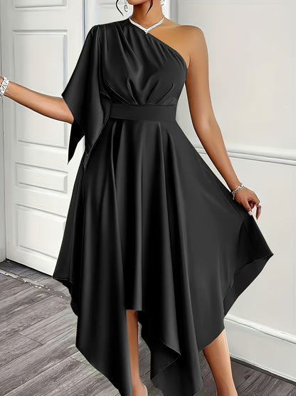 Wedding Guest Midi Dress for Women – One Shoulder, Asymmetrical Hem and A-Line Fit