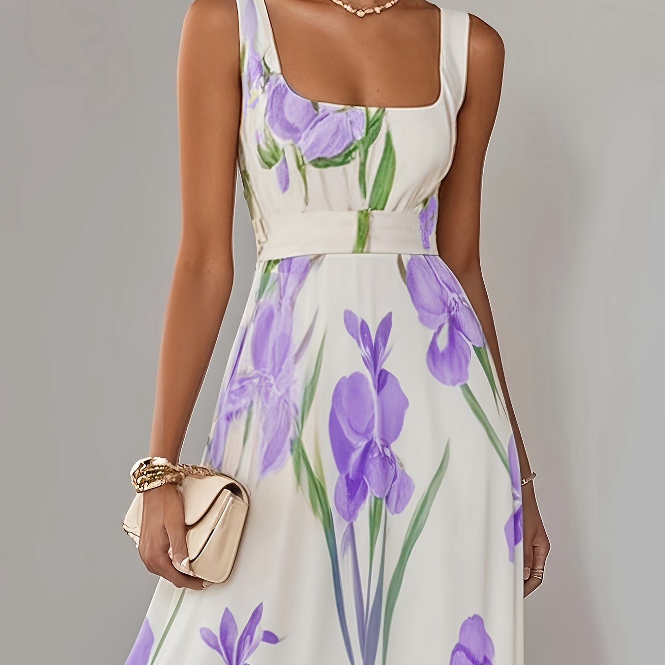 Elegant Women's Floral Print Square Neck A-Line Loose Fit Midi Dress, Suitable for Outings in Spring and Summer, Exquisite