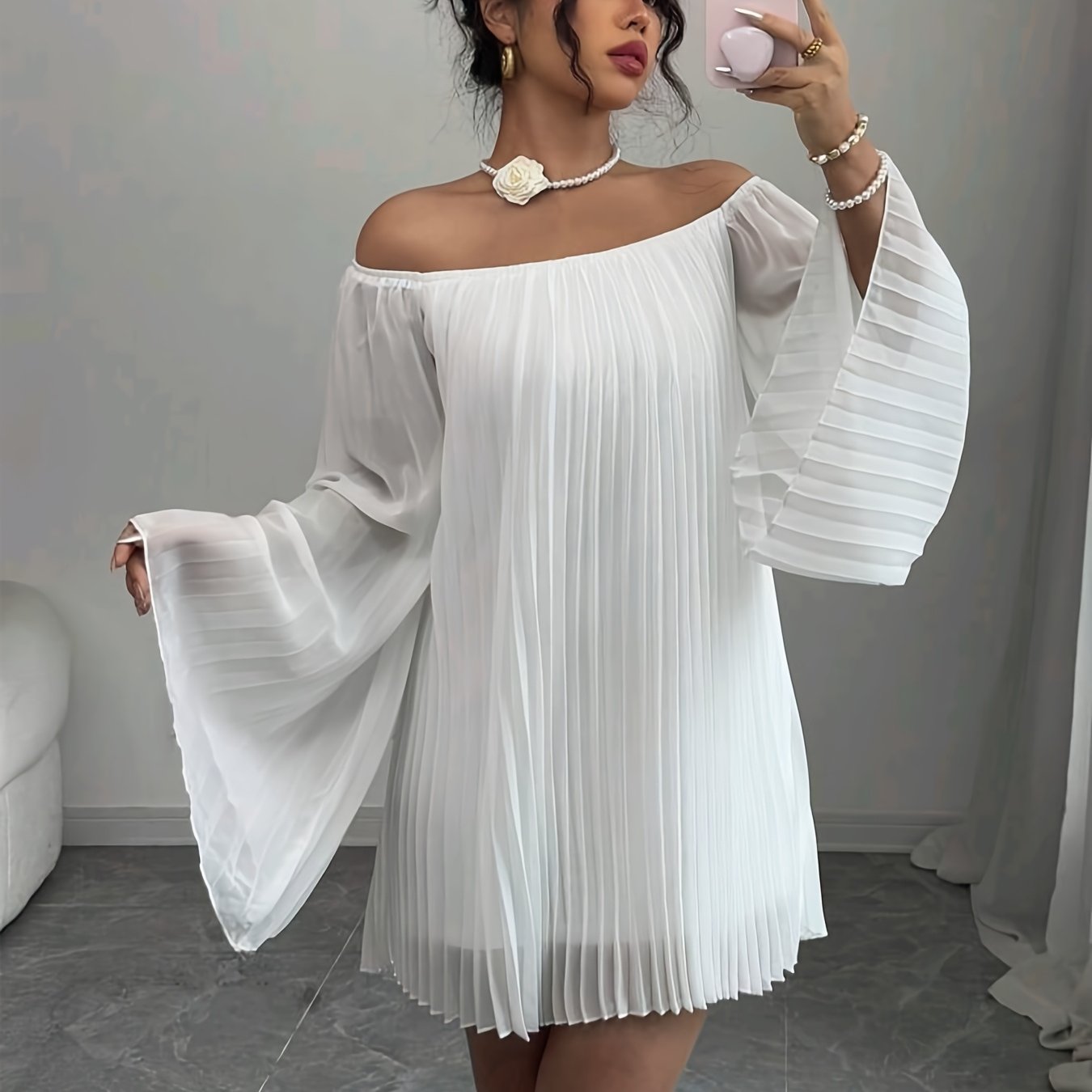 Women'S Elegant Off-Shoulder Ruched Long Sleeve Chiffon Dress
