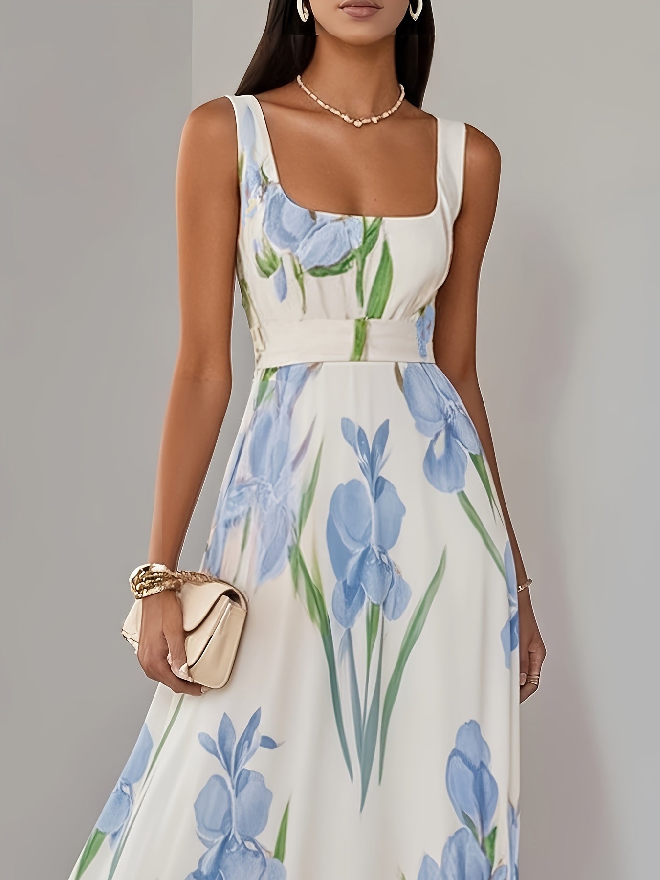 Elegant Women's Floral Print Square Neck A-Line Loose Fit Midi Dress, Suitable for Outings in Spring and Summer, Exquisite