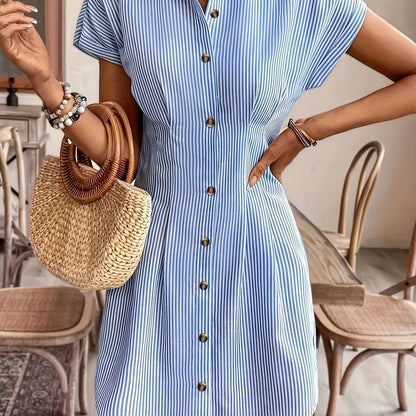 Striped Shirt Dress for Women – Short Sleeve, High Waist, Button Front A-Line