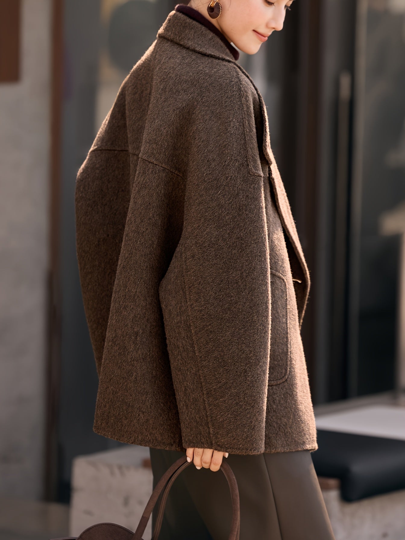 Wool Coat for Women Double Faced Raglan Sleeve Mid Coat for Work Travel Autumn Winter