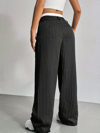 Early Autumn New Striped High-Waist Contrast Button-Closure Wide-Leg Suit Women'S Long Trousers