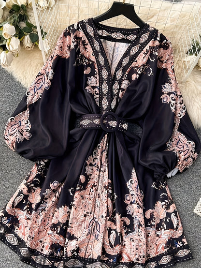 Women's Vintage Palace-Inspired Floral Print A-Line Dress with Lantern Sleeves & Adjustable Waist Tie - V-Neck Long Sleeve Loose Fit Maxi Dress for Spring/Fall, Machine Washable, Cute Dresses