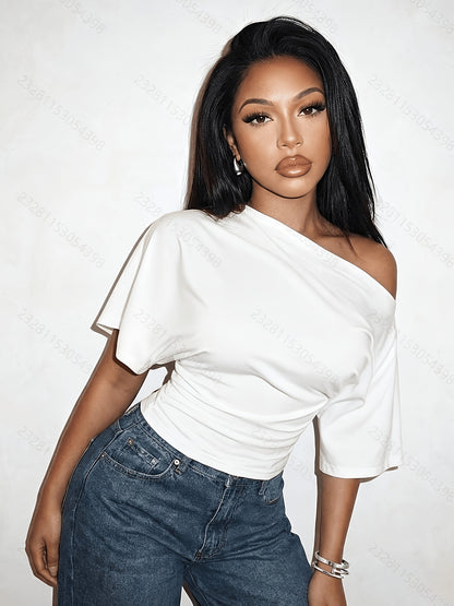 Off Shoulder Top for Women Short Sleeve Fitted Summer Top for Daywear Dinner Casual