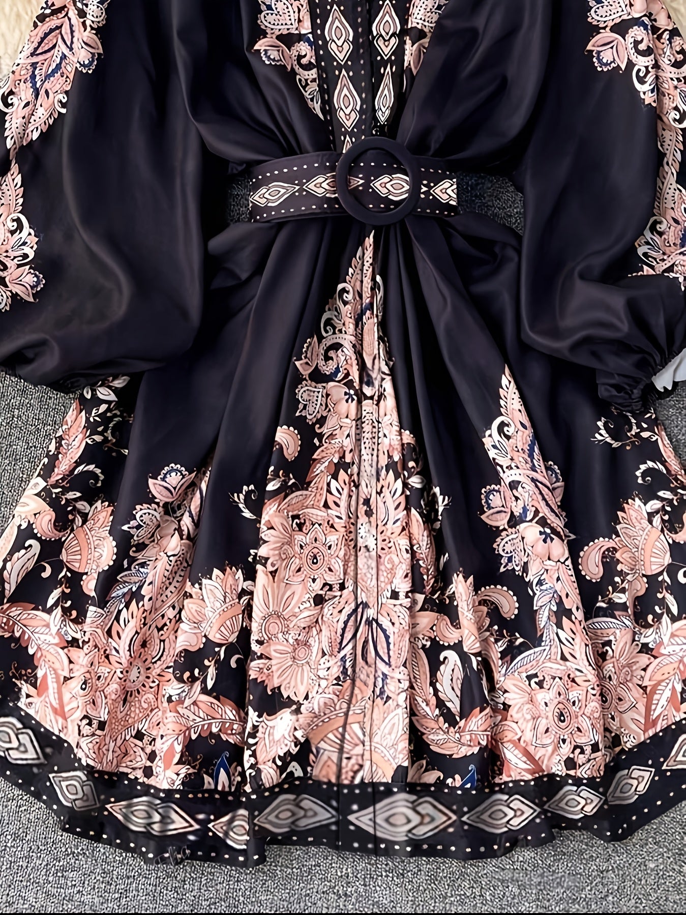 Women's Vintage Palace-Inspired Floral Print A-Line Dress with Lantern Sleeves & Adjustable Waist Tie - V-Neck Long Sleeve Loose Fit Maxi Dress for Spring/Fall, Machine Washable, Cute Dresses