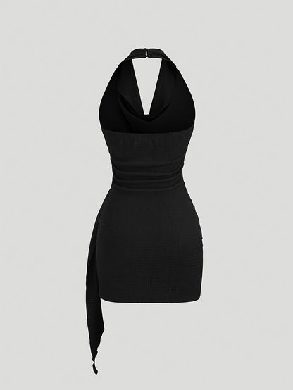 Party Dress for Women Draped Neckline Asymmetric Ruffle Dress with Metal Buckle
