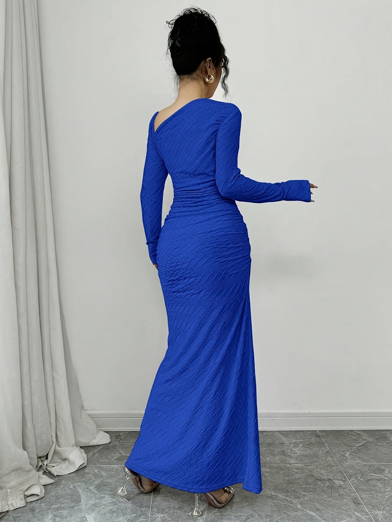 Ladies Elegant Fashion Office Commute Ladies Charm Long Sleeve Asymmetrical Neckline Pleated Slim Fit Bodysuit Collar Solid Color Textured Long Dress [Hw915]Directed