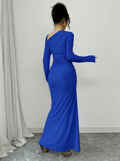 Ladies Elegant Fashion Office Commute Ladies Charm Long Sleeve Asymmetrical Neckline Pleated Slim Fit Bodysuit Collar Solid Color Textured Long Dress [Hw915]Directed