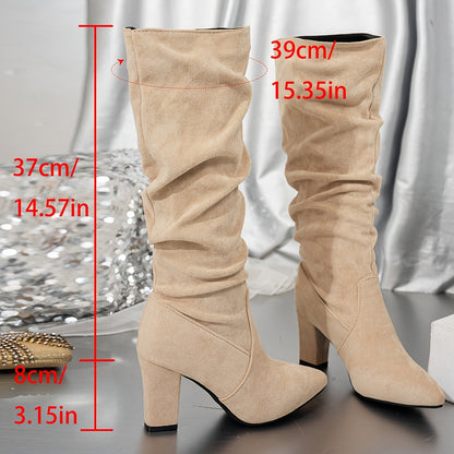 Knee High Boots for Women Velvet Chunky Heel Tall Boots for Autumn Winter Daywear