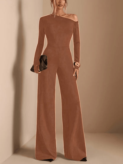 [Asymmetric Off-Shoulder Romper] Women's Elegant Asymmetric Off Shoulder Long Sleeve Wide Leg Romper - Solid Black Casual Jumpsuit for Spring Summer