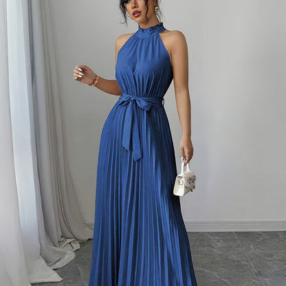 YY0328347, Women's Romantic Elegant A-Line Dress, Sleeveless Pleated Waist-cinching Long Dress