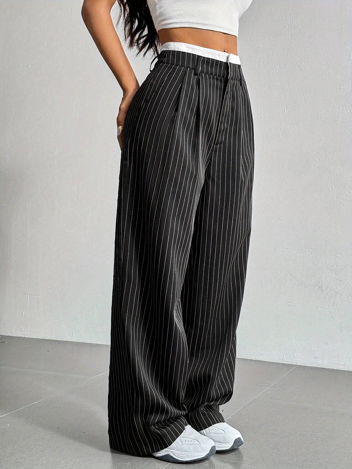 Early Autumn New Striped High-Waist Contrast Button-Closure Wide-Leg Suit Women'S Long Trousers