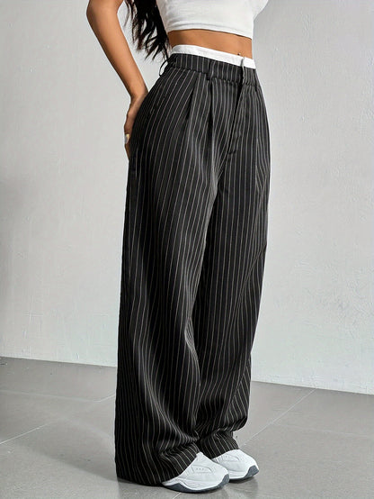 Early Autumn New Striped High-Waist Contrast Button-Closure Wide-Leg Suit Women'S Long Trousers