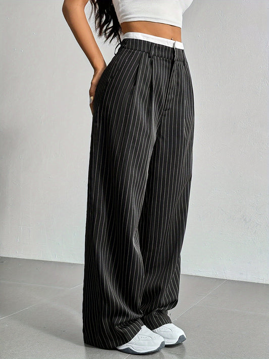 Early Autumn New Striped High-Waist Contrast Button-Closure Wide-Leg Suit Women'S Long Trousers