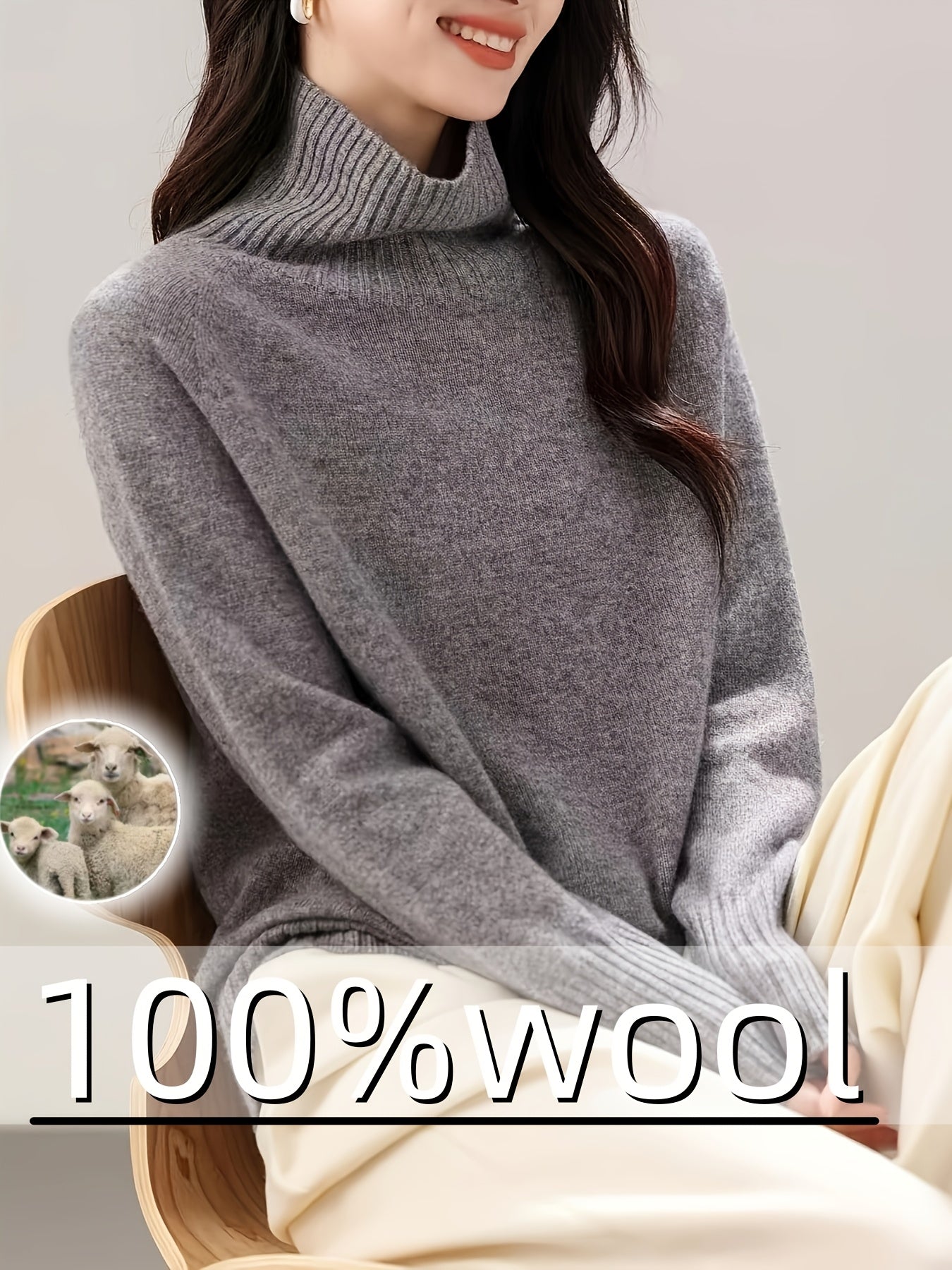 100% Wool Seamless High Neck Sweater - Loose Fit Sleeve Pullover with Micro-Stretch, Solid Color Top for Autumn Winter, Middle Eastern-Inspired Casual Chic Style